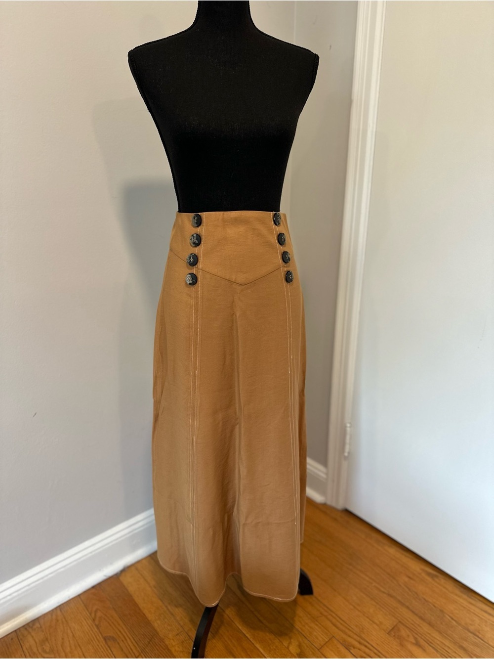 EUC Topshop Tan Lightweight Maxi Skirt Sz:2 Sailor Button Detail Boho Minimalist